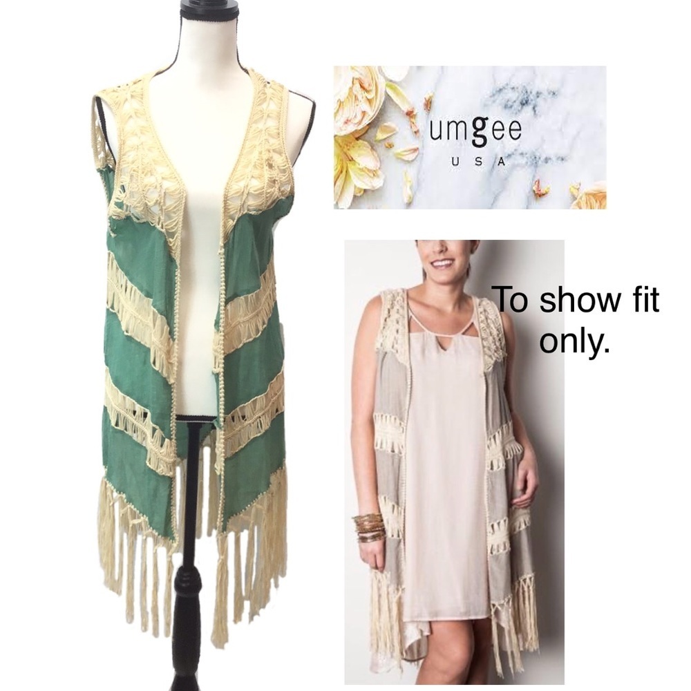 Umgee Green Boho Crocheted Knit Fringe Western Long Vest Size Medium